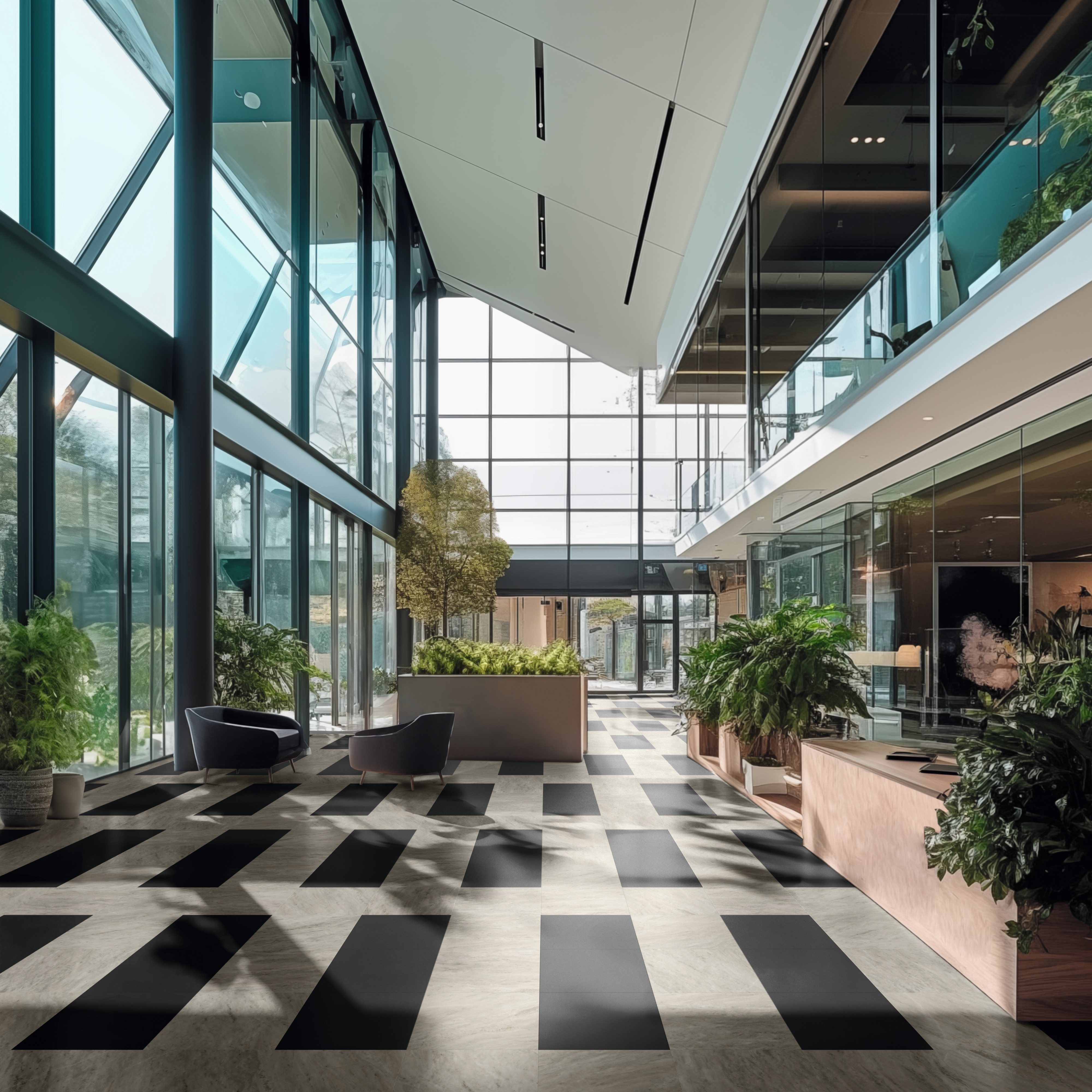 Ionisch marmer LM30 en Corinthian Marble LM31 tegels in een blokpatroon in een lobby
